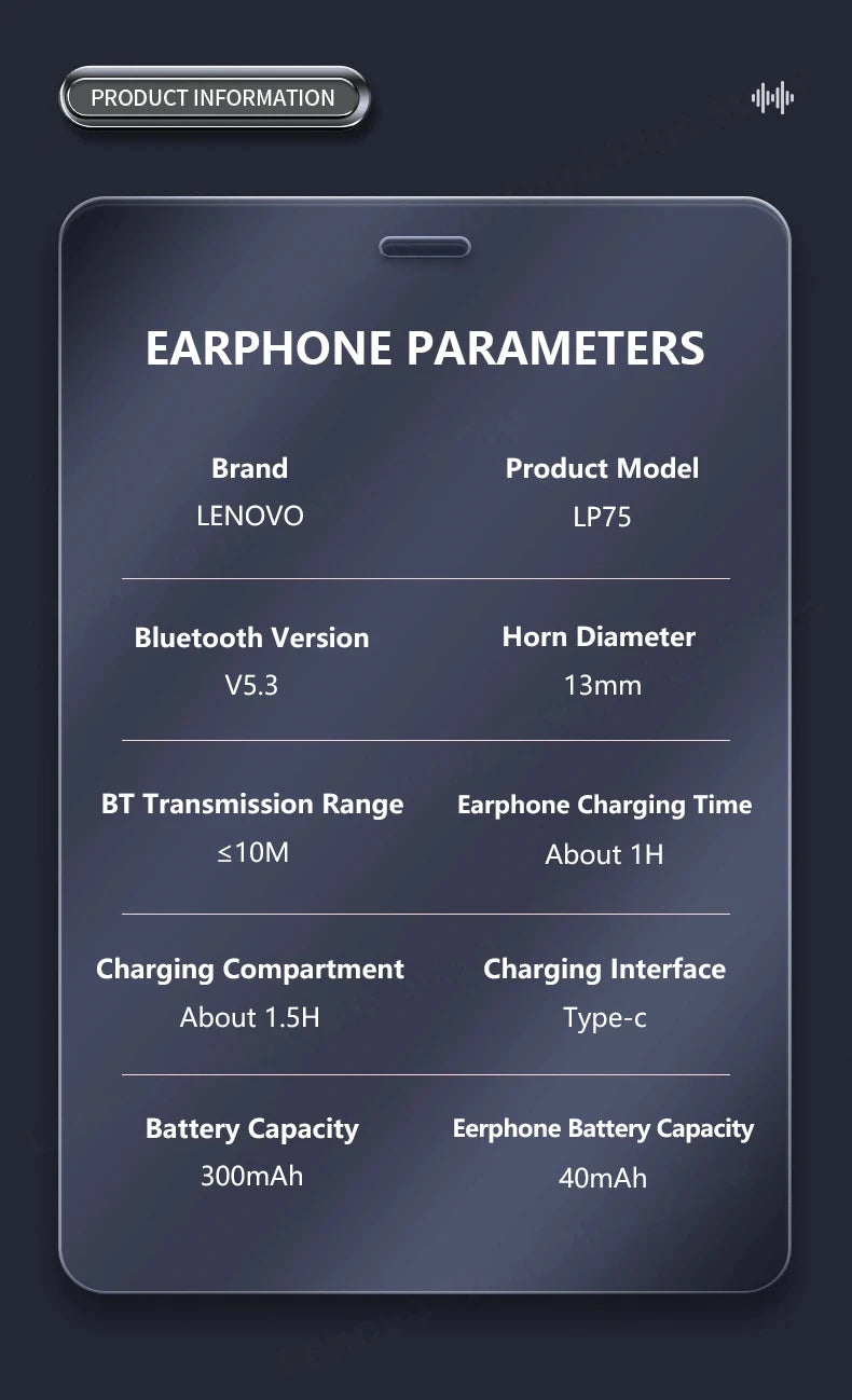 Lenovo LP75 TWS Bluetooth V5.3 Headphones